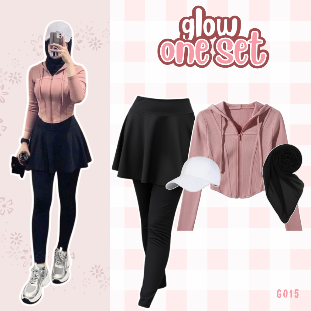 One Set Olahraga Padel/Lari/Tennis Wanita Hiajb (Legging Rok+Hoodie UV+Topi Baseball) OOTD Sport Wanita GO15