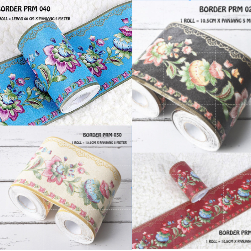 WALLPAPER BORDER STICKER PREMIUM PRM 029 030 040 BUNGA BIRU HITAM CREAM WALLSTICKER WALSTIKER WALLST