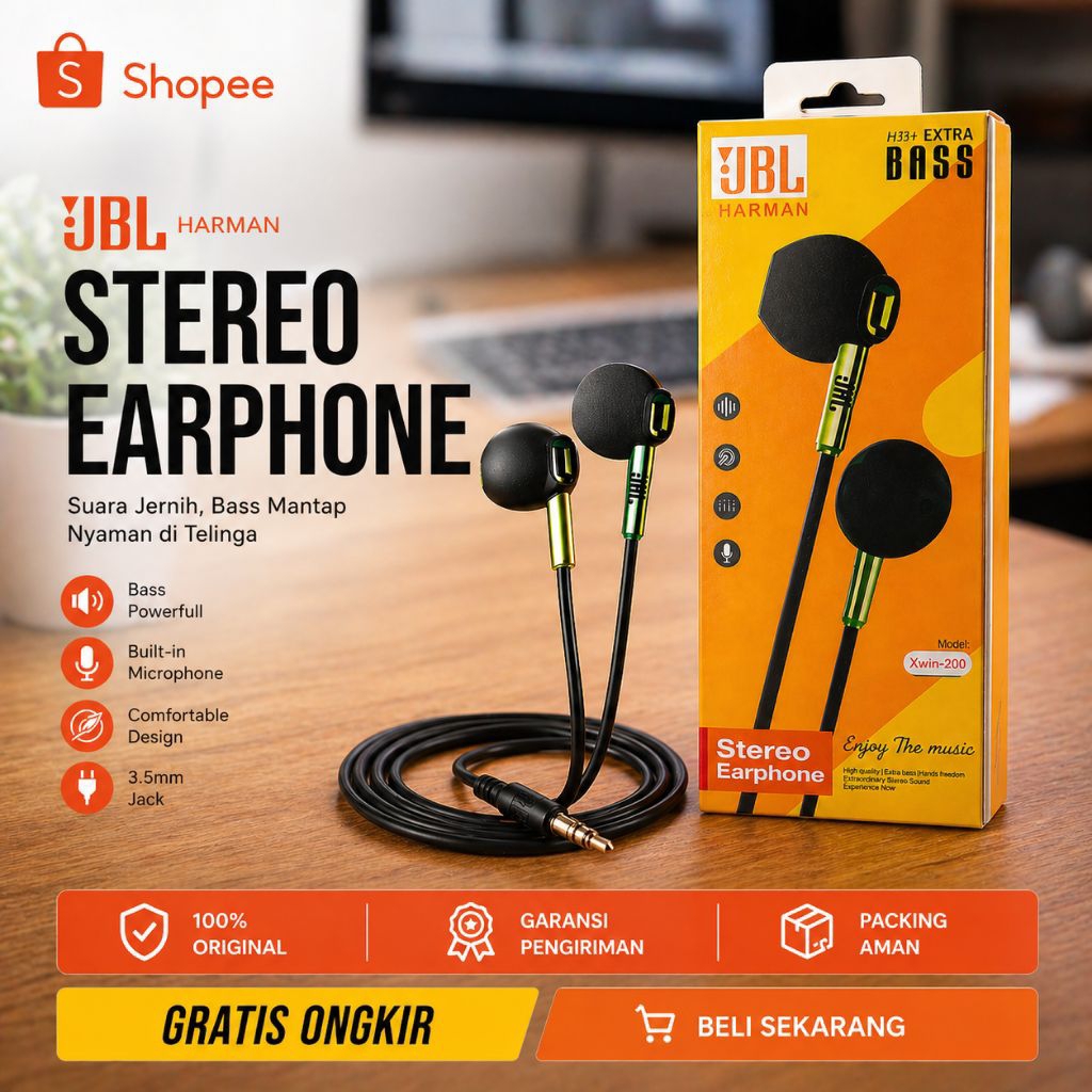 Headset Original JBL Xwin Super Bass High Quality Earphone JBL Harman Handsfree Suara Stereo 9D HiFi