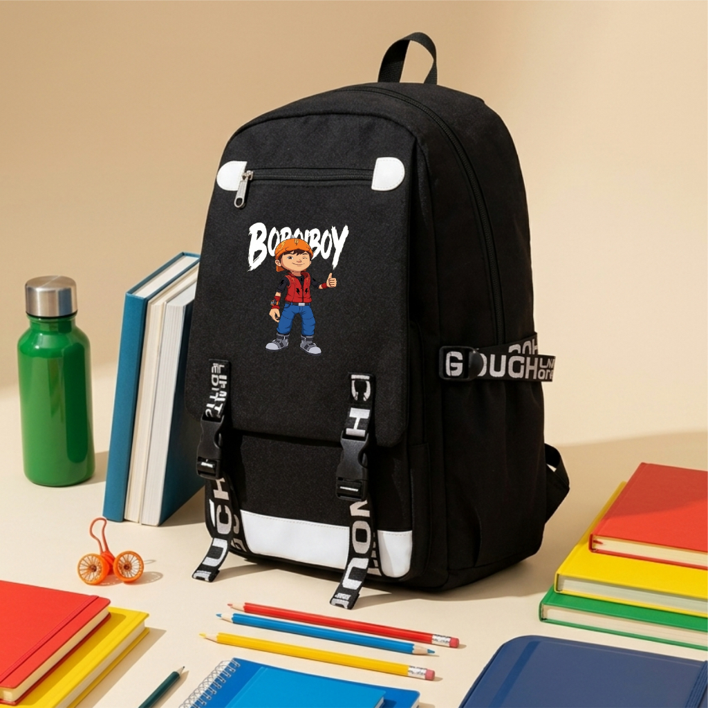 RAINDOZ - CUT 036 F138 Tas Ransel Anak Sekolah SD SMP Boboiboy Icon Hitam List Putih Kuat Awet Tebal