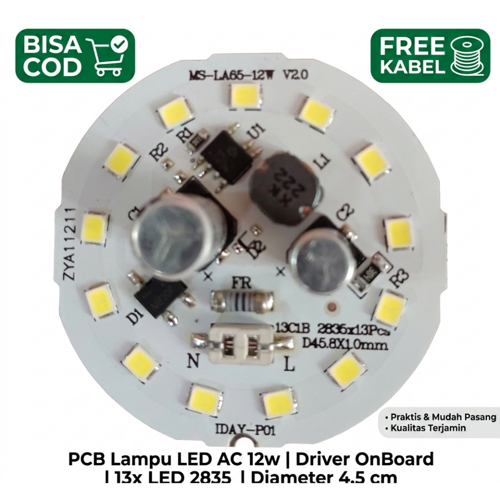 PCB Mesin Lampu LED AC 12W MSL Driver On Board (DOB) - Mata LED 2835 13 Pcs Diameter 4.5cm | Sparepa