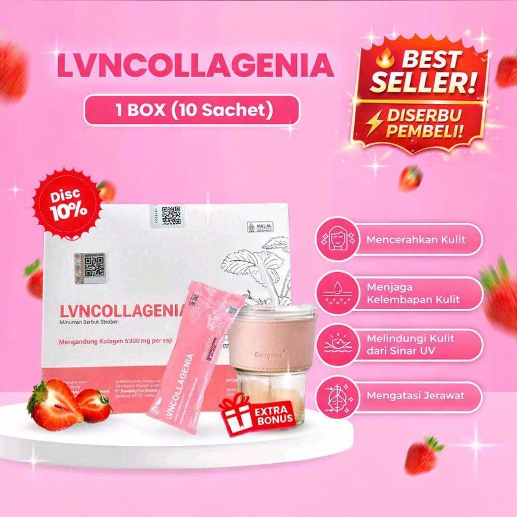 LVN Collagenia Minum Serbuk Collagen 5300mg Suplemen Kecantikan Rasa Strawberry Original BPOM