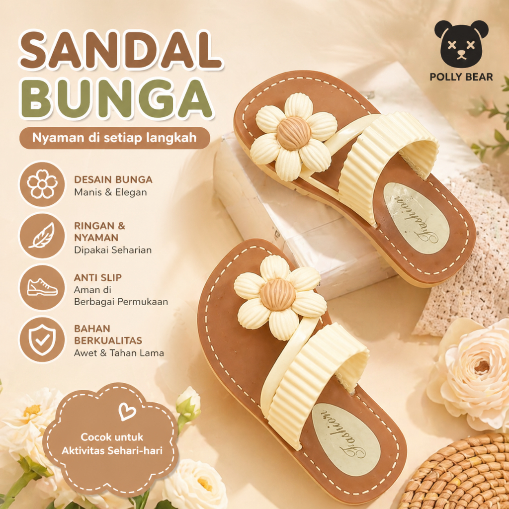 POLLYBEAR Sandal Anak Cewe Perempuan Wanita Motif Bunga Ringan Minimalis  Umur 3-8 Tahun YN809