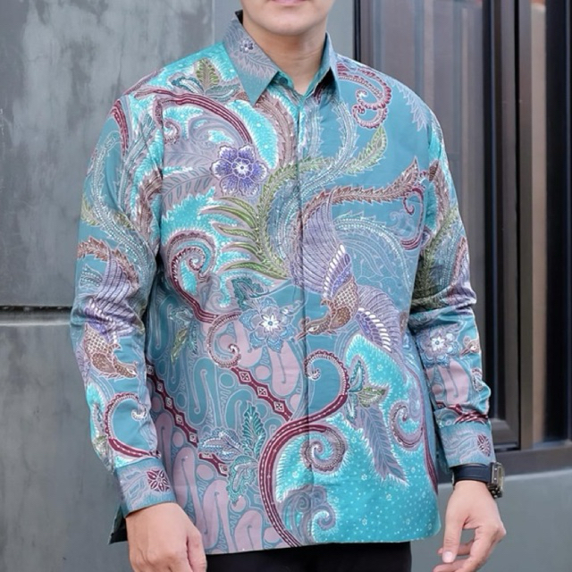 kemeja batik tulis pria lengan panjang kain satin lapis furing motif merakpari