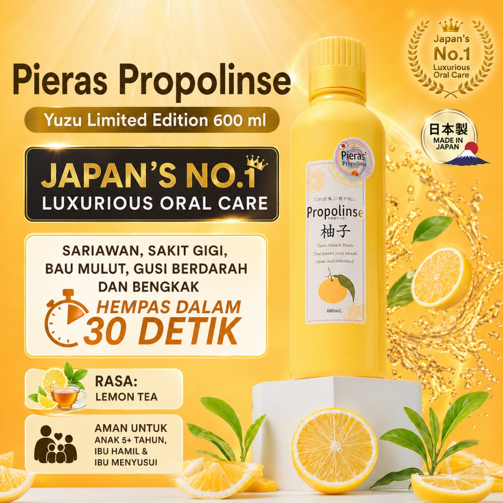 Pieras Propolinse - Yuzu Citrus Limited Edition Mouthwash 600mL Obat Kumur | Obat Sakit Gigi,Pengaha