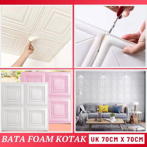 Wallpaper Foam WallFoam Wallpaper Dinding Foam Kotak Putih Pink 70x70cm