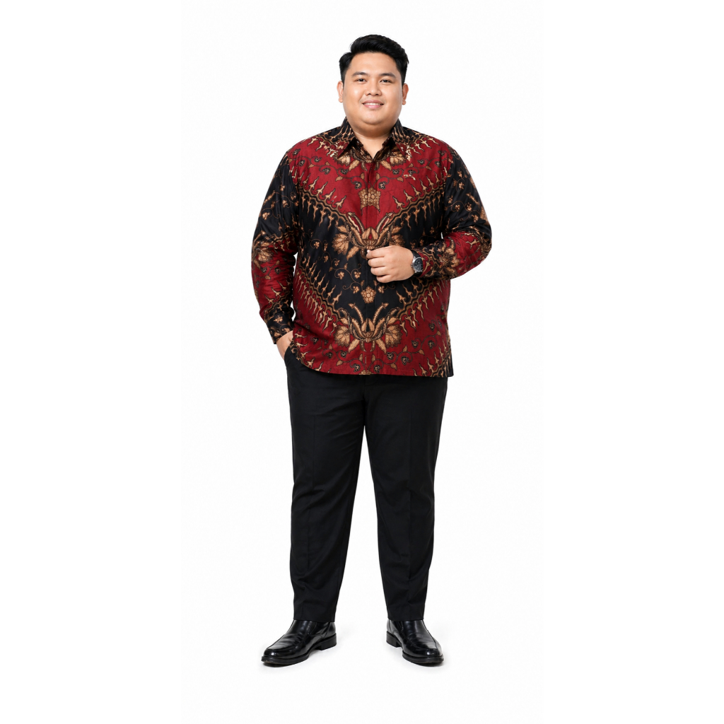 BATIK PRIA MERAH BIGSIZE SERAGAM BATIK MERAH HEM BATIK MERAH JUMBO KEMEJA BATIK LENGAN PANJANG MERRA