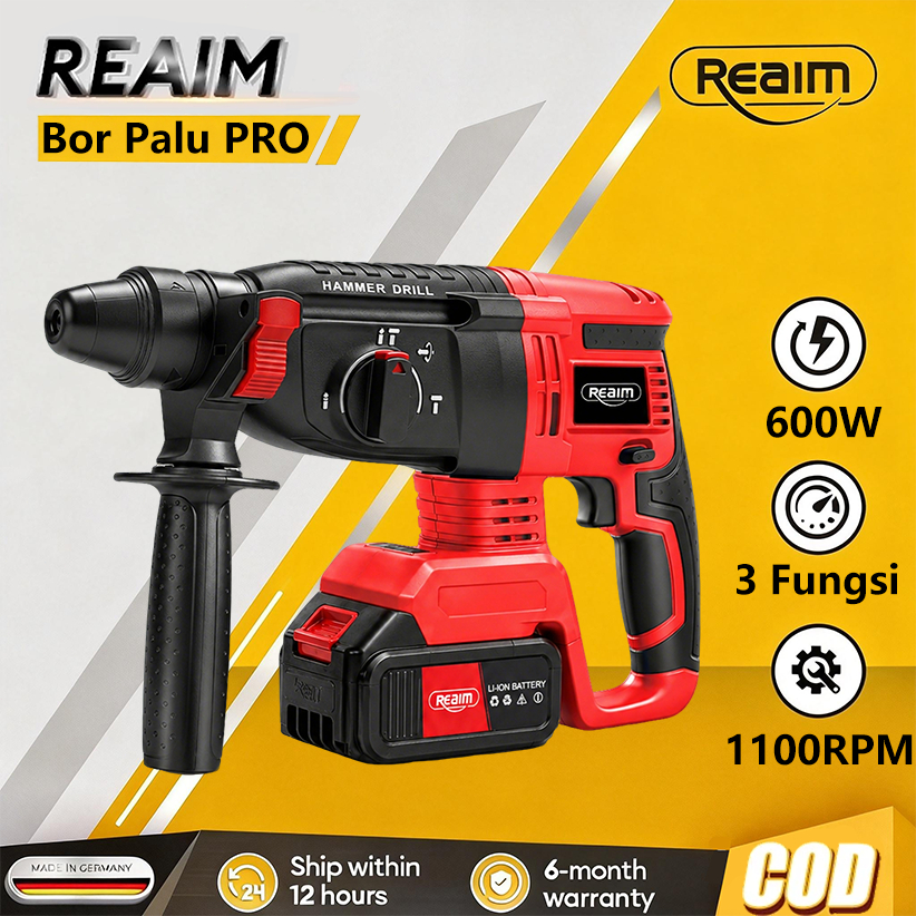 Reaim Bor Beton Baterai 26mm REAIM 3 Fungsi Bor Palu Bobok Cordless 600W Paket Lengkap