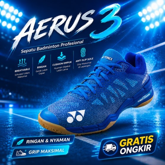 Yonex Aerus 3 Power Cushion Blue Sepatu Olahraga Badminton Impor Super Ringan & Nyaman Maksimal