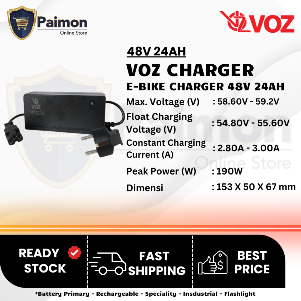 Voz Charger E-Bike 48V 24Ah - Charger Sepeda Listrik 48V 24 Ah