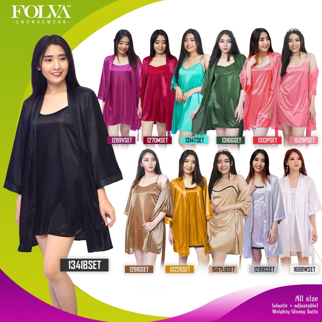 FOLVA kimono set dress pendek baju tidur satin all size