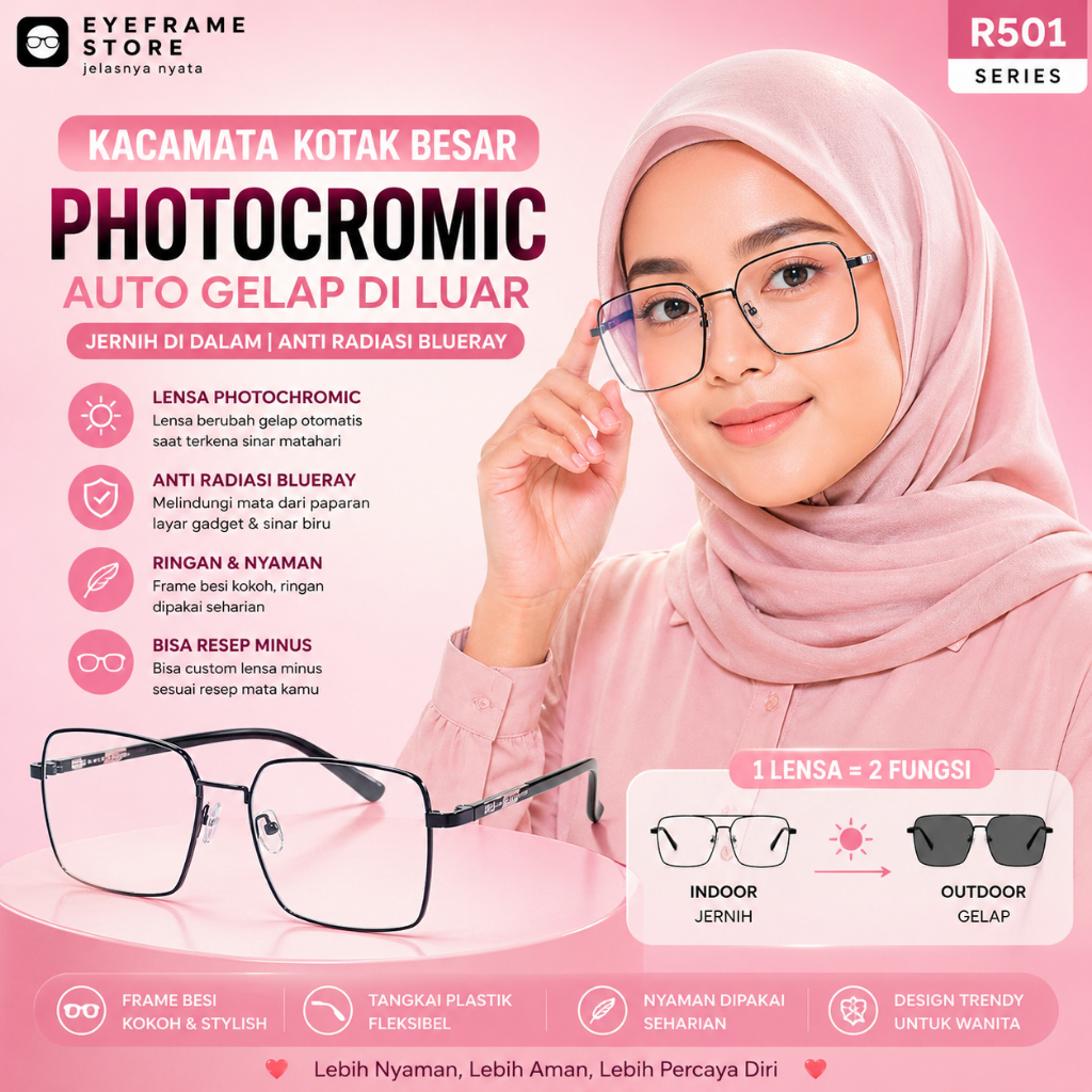 R501 Kacamata Kotak Besar | Frame Besi Tangkai Plastik | Lensa Photocromic Blueray Resep Minus