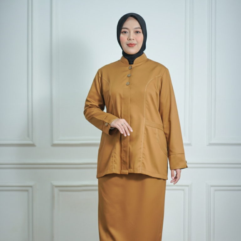 Setelan Baju Kemeja Pemda Dinas PDH PNS Wanita Model Saku Dada Warna Khaki Tua Terpopuler