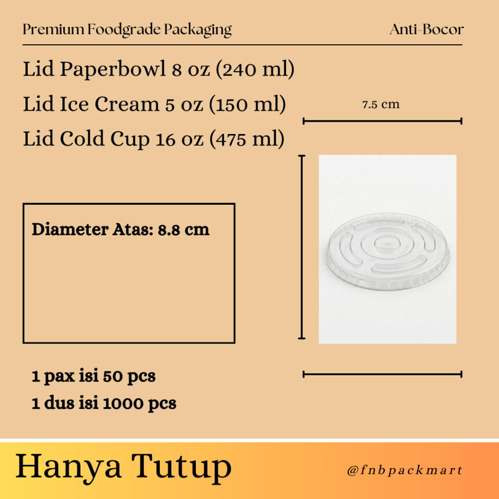 Lid Ice Cream 5 oz (150 ml) / Lid Paper Bowl Tutup Mangkok 8 oz 240 ml isi 50 pcs / Lid Paper Cold C
