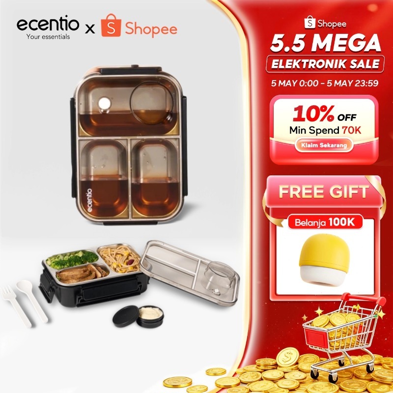 ecentio lunch box stainless 800ml kotak makan stainless 304 tempat makan tempat bekal makan free kot