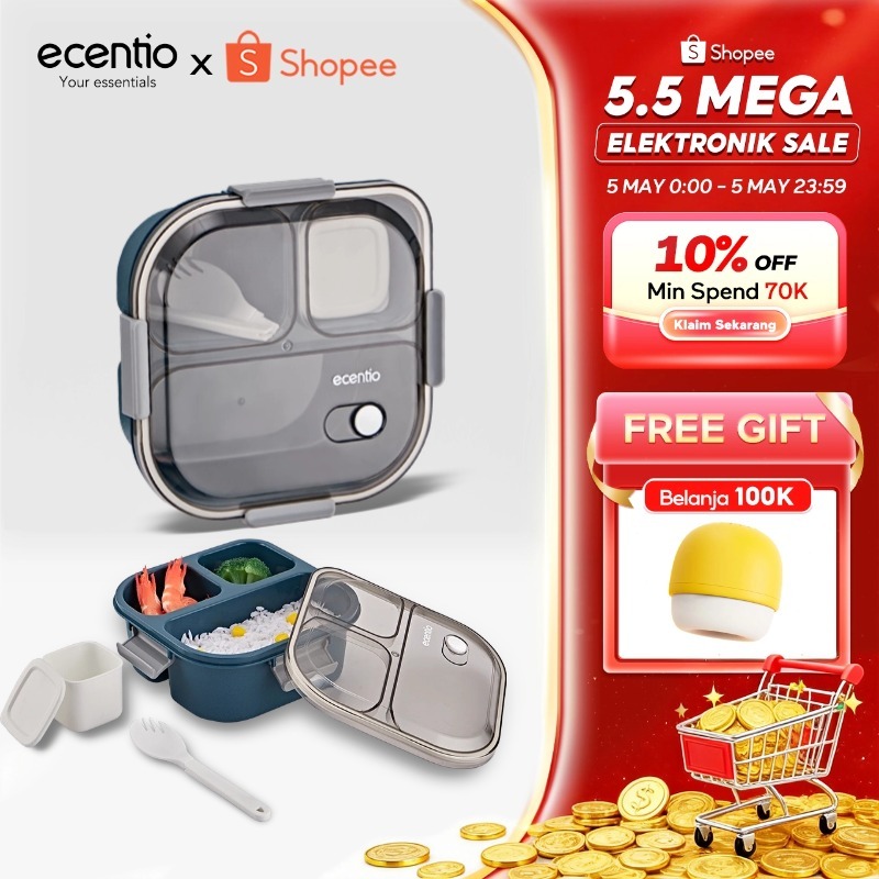 ecentio kotak makan anti tumpah lunch box 3 grid 1100ml tempat makan kotak sup 100ml Free Sendok lun