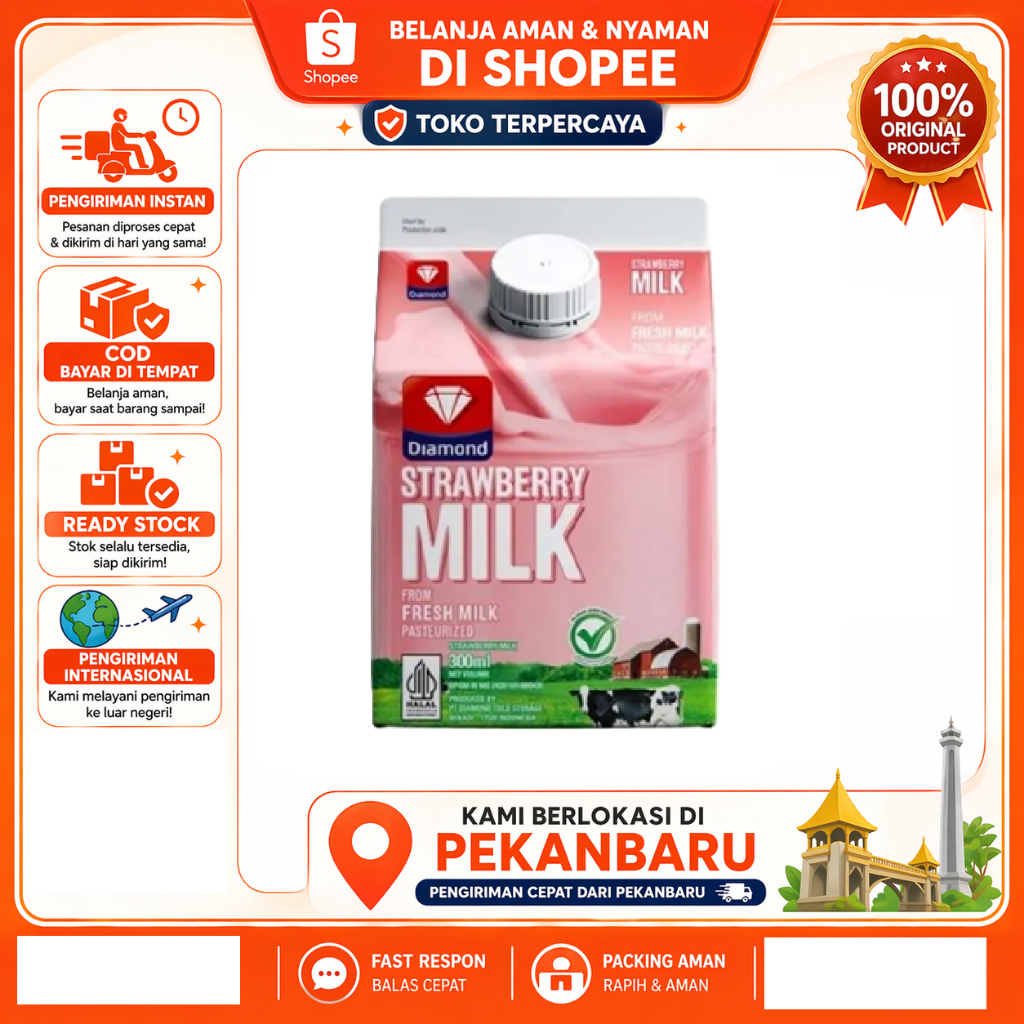 [SDW] pekanbaru/300ml Diamond Strawberry Milk From Fresh Milk Susu Segar Stroberi Halal Kemasan Pink