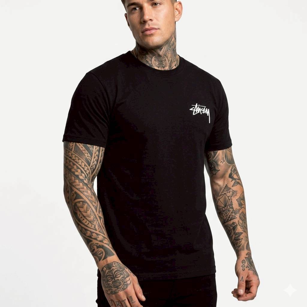 KAOS T-SHIRT STREETWEAR STUSSY SMALL STOCK BORDIR HITAM