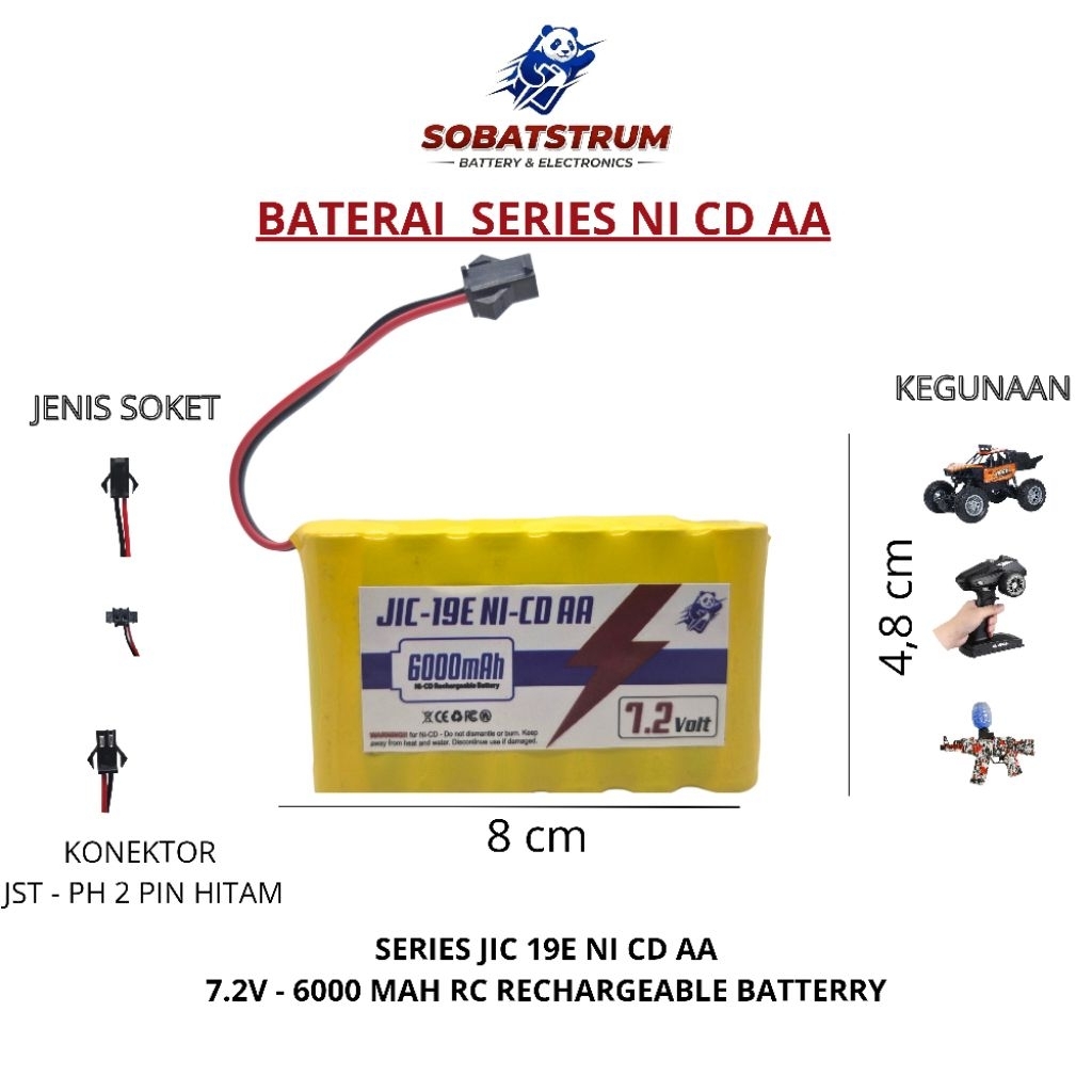 Baterai Mainan/Remote RC JIC 19E NI CD AA 7.2V 6000 mAh RC ( JST - PH 2 PIN HITAM )