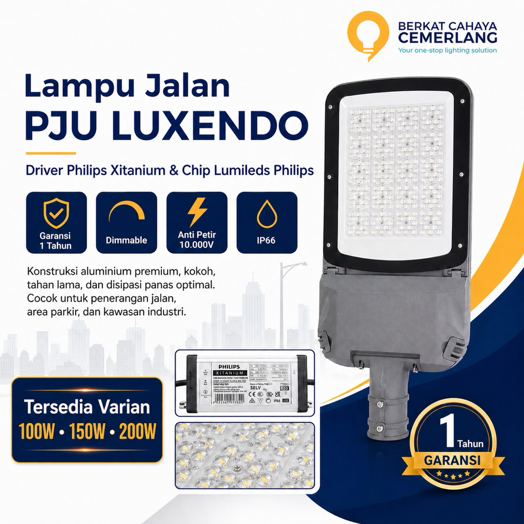 Lampu Jalan PJU LED LUXENDO 100W 150W 200W Street Light Dimming Garansi 2 Tahun Cahaya Putih 6000K 6