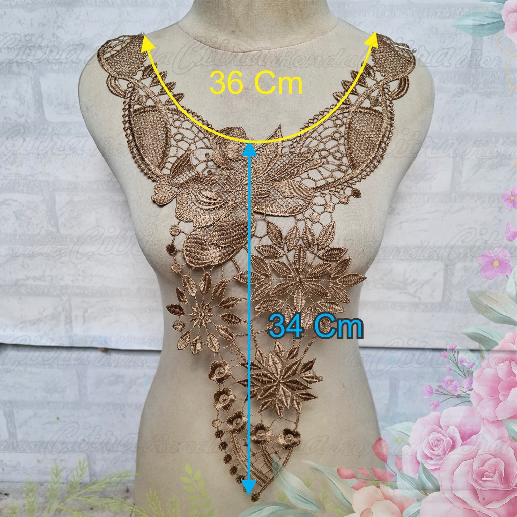 (Per Pcs) AP272 Aplikasi Leher / Kerah Bordir Tempel Cantik Gold