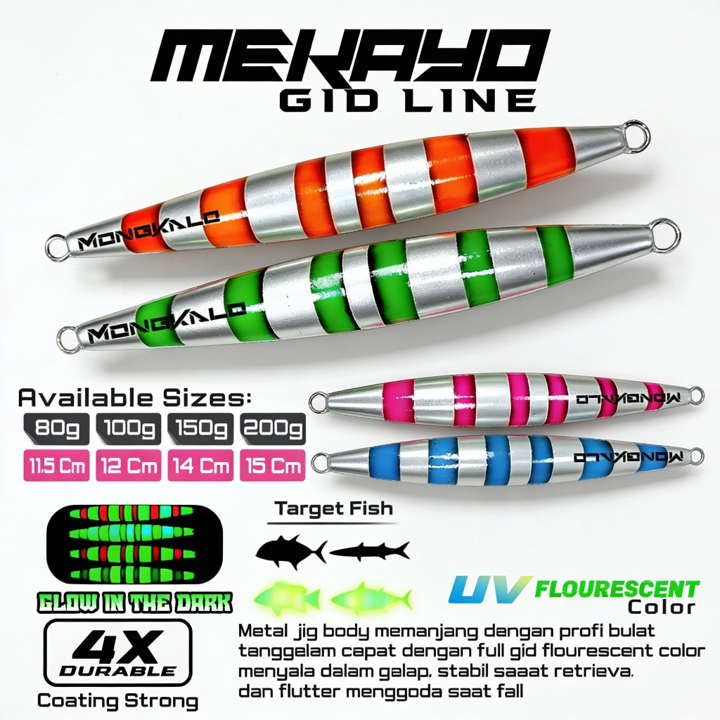 Hookpilot - Metal jig 80 g 100gram 150 gr 200gr MONGKALO MEKAYO Full Gow In the Dark Garis UV Floure