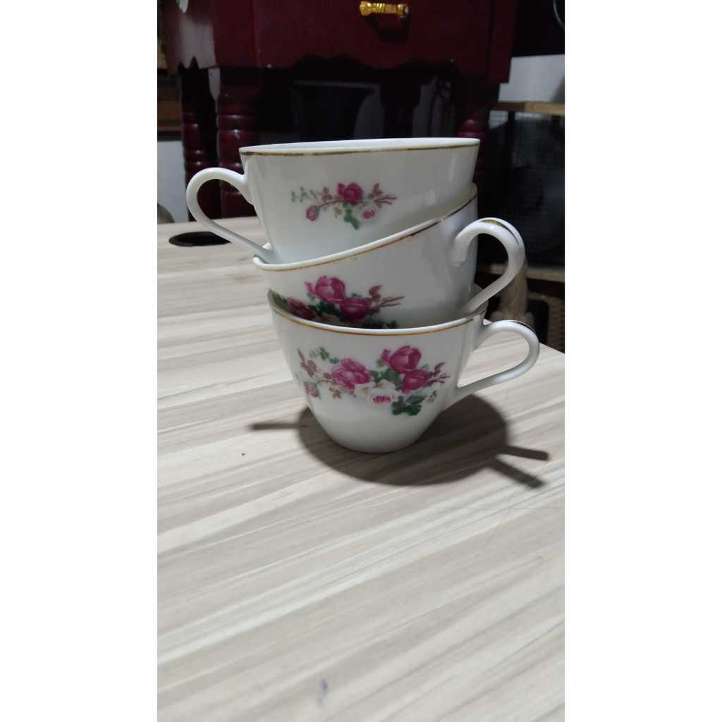 Cangkir Keramik Bunga Pink 3pcs Kuno Jadul Antik