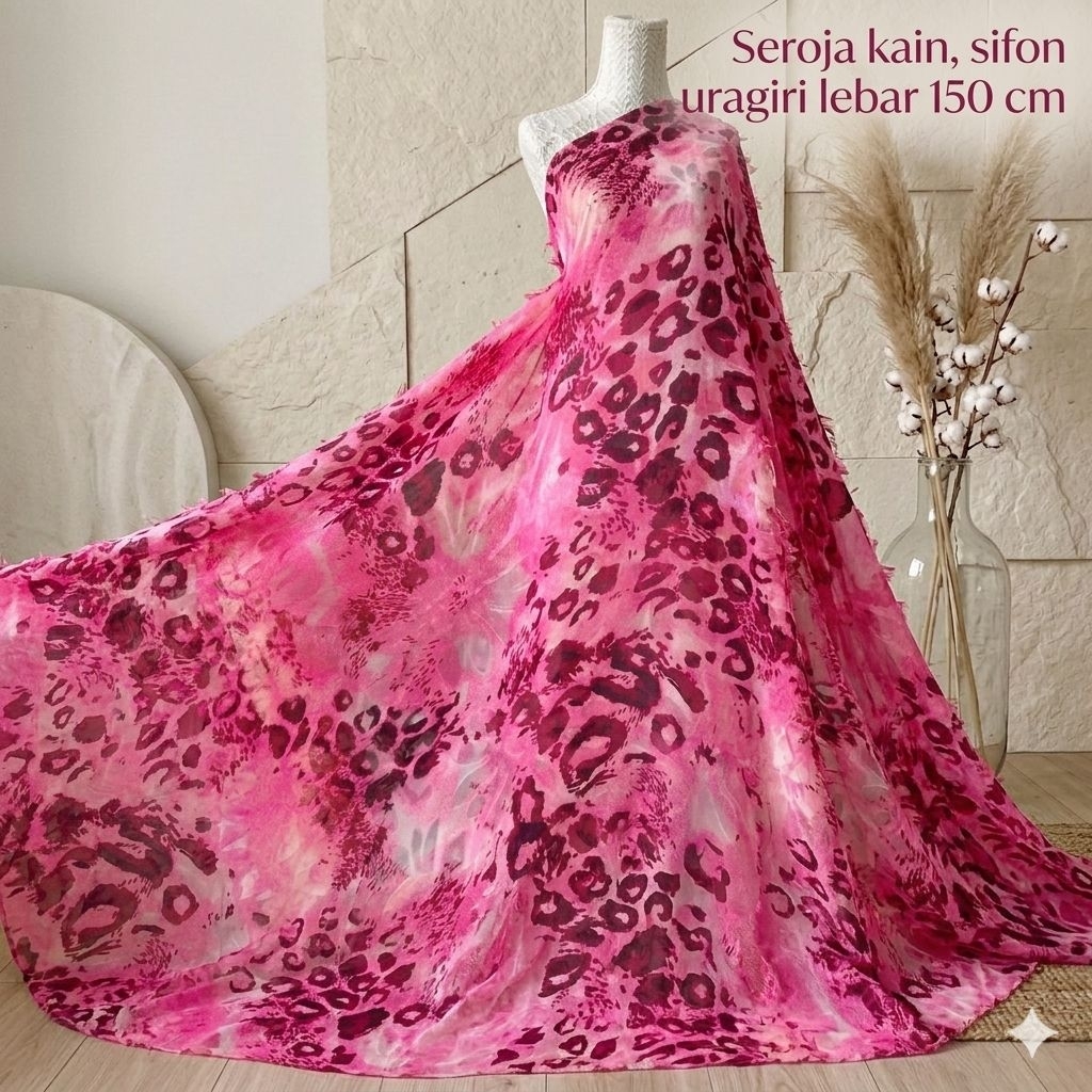 Kain Sifon Uragiri Motif Bunga Floral Pink Fanta Mix Leopard | Bahan Sifon Ceruty Premium Print | Me
