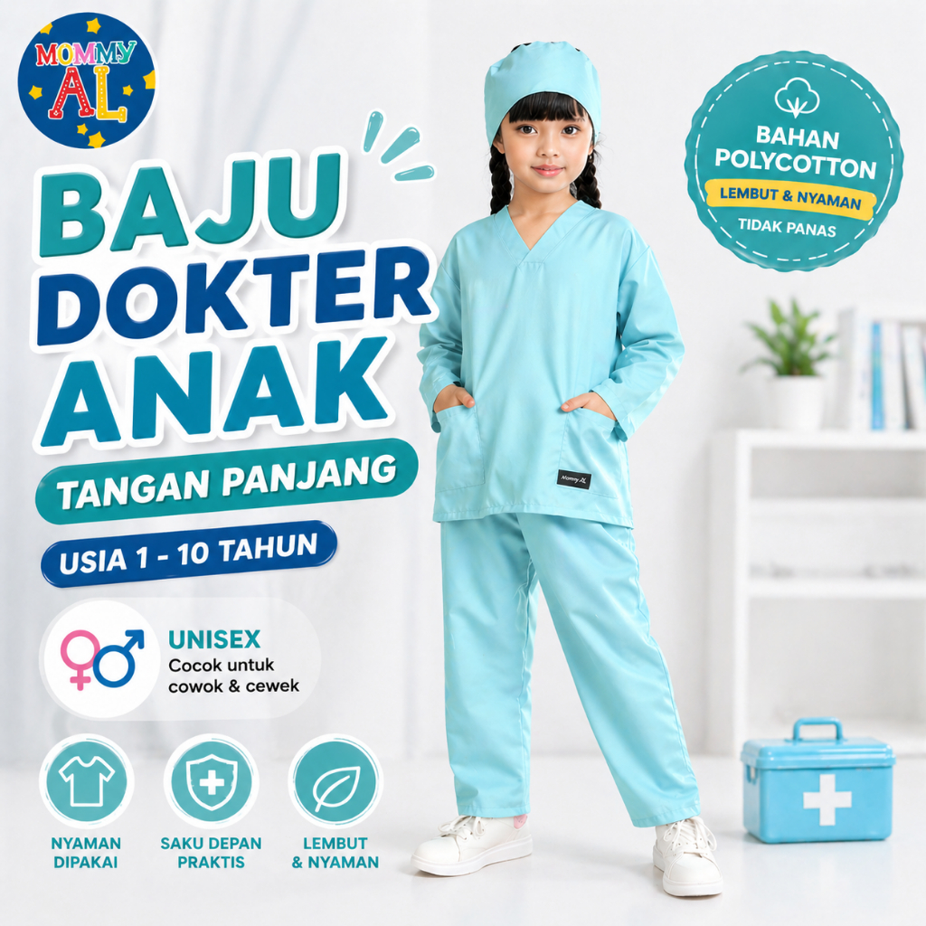 STELAN  DOKTER ANAK 1-10 TAHUN TANGAN PANJANG/BAJU DOKTER BEDAH/BAJU OKA/BAJU DOKTER ANAK/BAJU PROFE