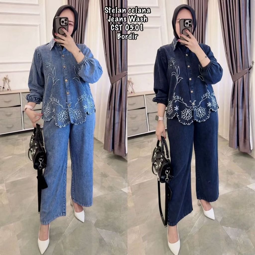 Stelan Wanita Bahan Jeans Washing Full Bordir/Set Kemeja Jeans Wanita/Set Jeans Terbaru