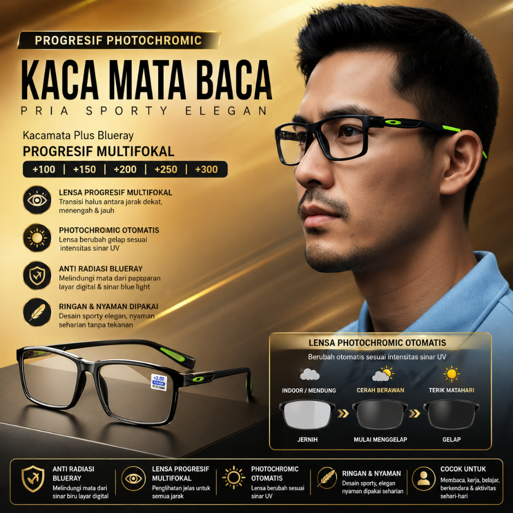 Kaca Mata Baca PROGRESIF PHOTOCHROMIC Pria Sporty ELEGAN Kacamata Plus Blueray +100+150+200+250+300