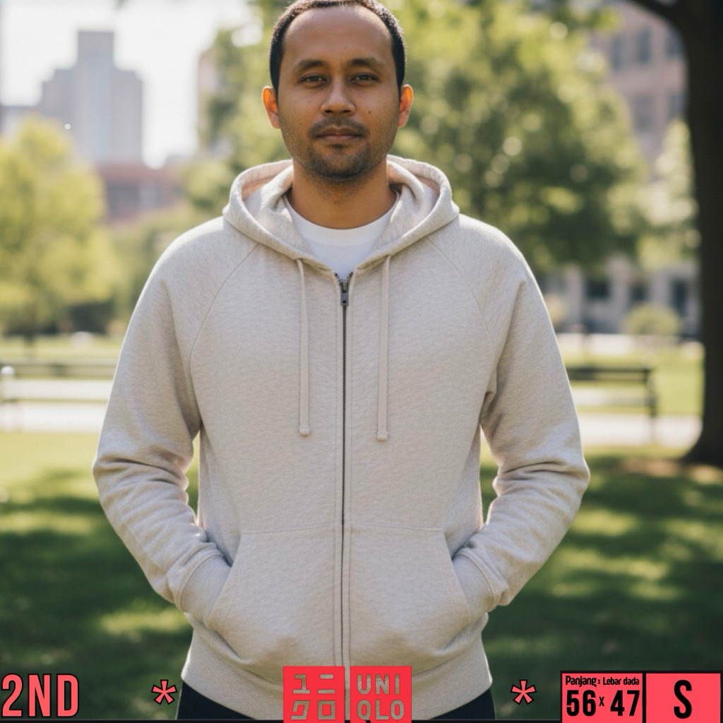 Hoodie Zipper Pria Uniqlo Cream Size S (56x47)cm