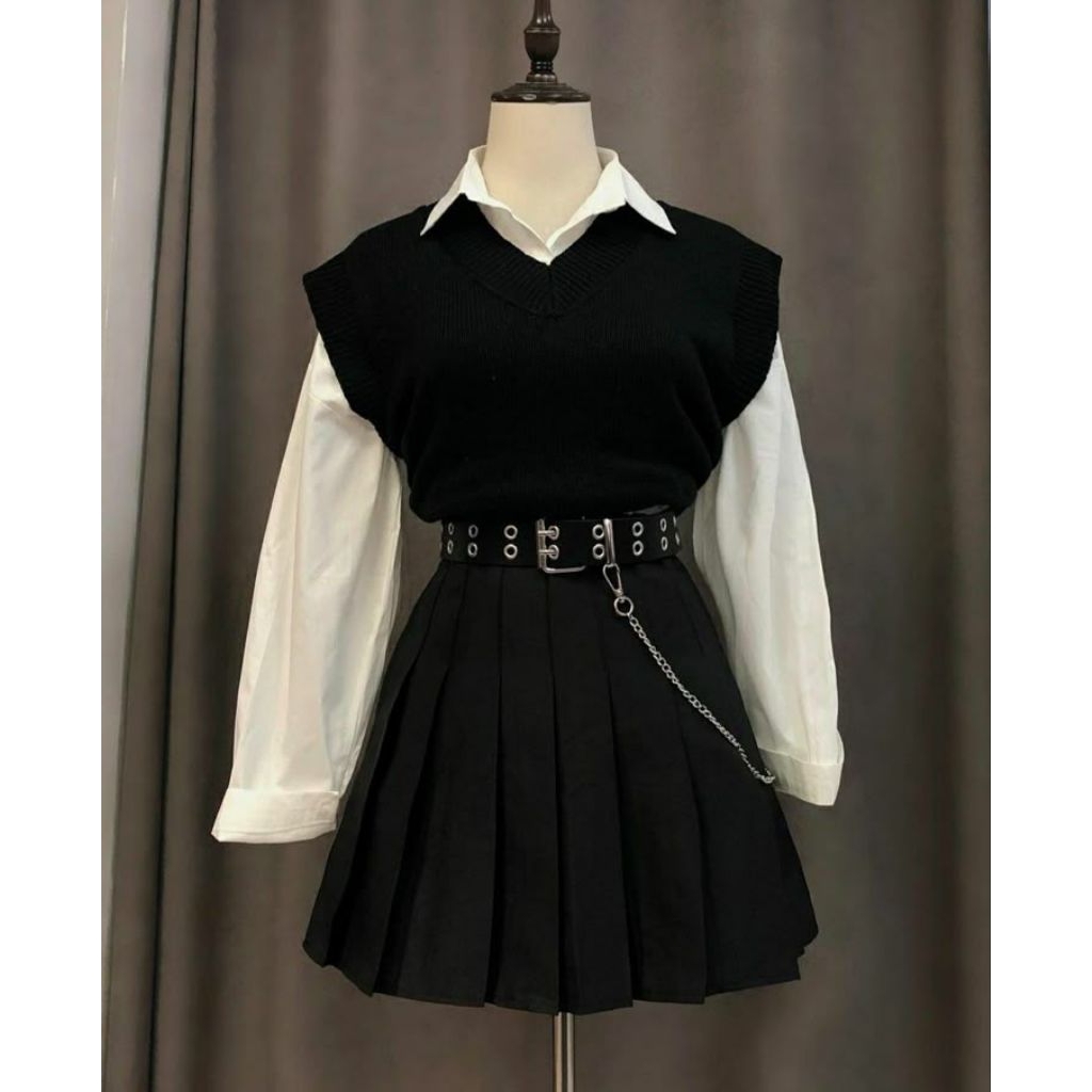 OOTD 1 Set Black Outfit Wanita Baju Hitam Luar dan Dalaman Putih Import Korea Ori