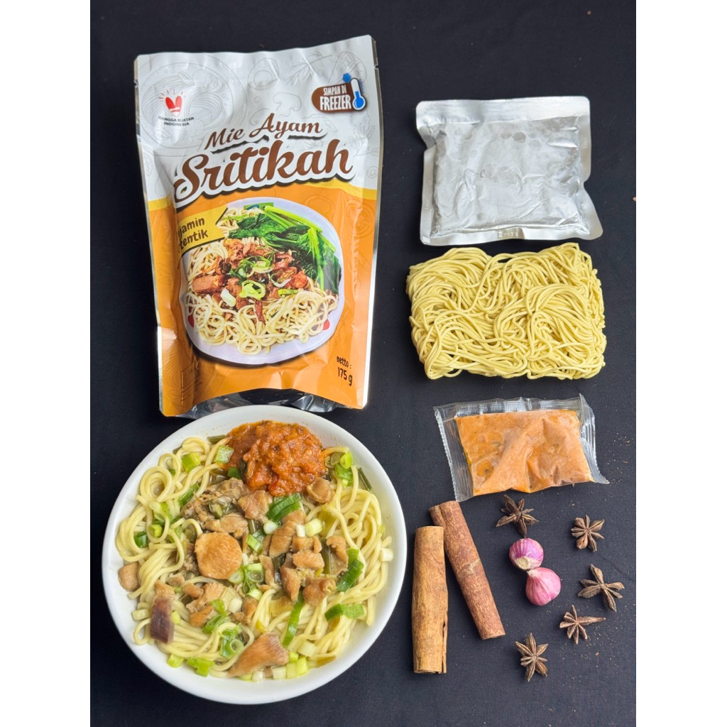 Mie ayam Sritikah Otentik Frozen Daging asli Pedas Ori khas Malang Khas Solo Iinstan Lengkap 1 porsi