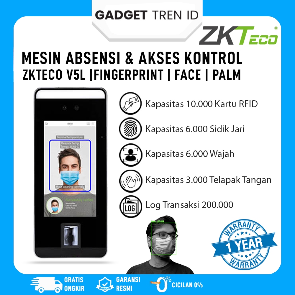 Mesin Absensi Wajah ZKTECO V5L | Mesin Absen dan Akses Kontrol V5L Bergaransi