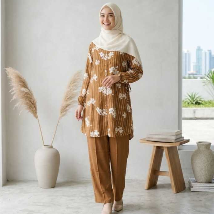SETELAN LONG TUNIK RAYON TWILL ARMANY MOTIF BUNGA SALUR ASHANA SET-SETCEL RAYON-ONE SET TUNIK DAN CE
