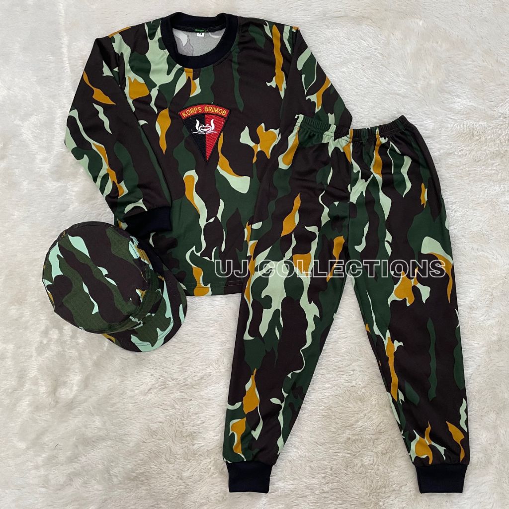 Setelan kaos anak lengan panjang loreng brimob free topi pet - Baju setelan anak kids army unisex bo