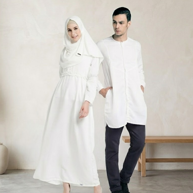 Couple Gamis Koko putih Clover Cloting / Sarimbit Baju Keluarga White