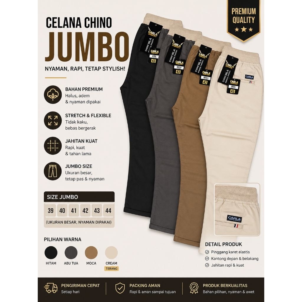 Celana Chino Jumbo Pria Karet 39–44 – Premium Slim Fit, Nyaman Kerja & Santai