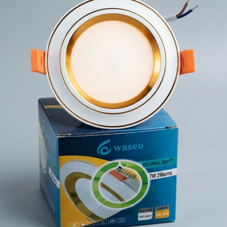 Lampu Downlight LED 3 Warna Waseo 7W Cahaya Putih, Kuning, dan Warm White