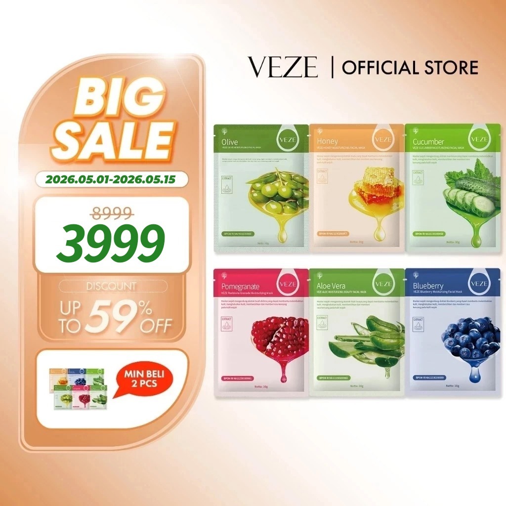 [BPOM] -  VEZE Sheet Mask Korea Masker Wajah Blueberry Aloe Vera Pomegranate Honey Cucumber Olive Tr