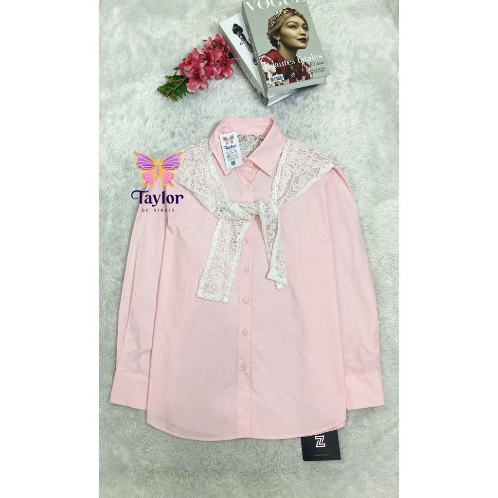 Kemeja Wanita Taylor De' Virdis Gaya Korea - Blouse Vintage Aksen Lace Brokat Elegan