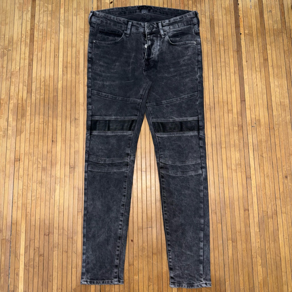 ZARA MAN SKINNY FIT DISTRESSED BIKER MOTORCYCLE MIX LEATHER STRETCH DENIM JEANS