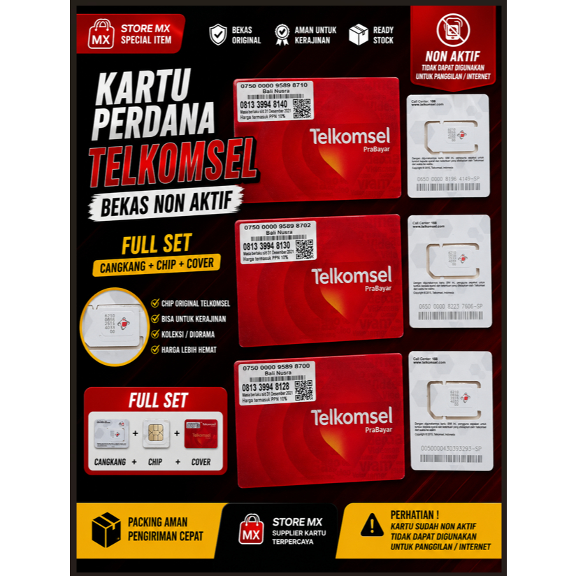 Kartu Perdana Telkomsel Bekas Non Aktif Full Set (Cangkang + Chip + Cover)