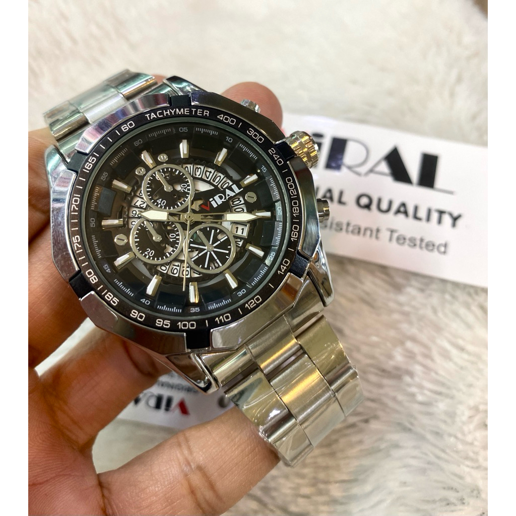 VIRAL,,Jam Tangan Pria Sporty Tanggal Aktif Rantai Stenlis