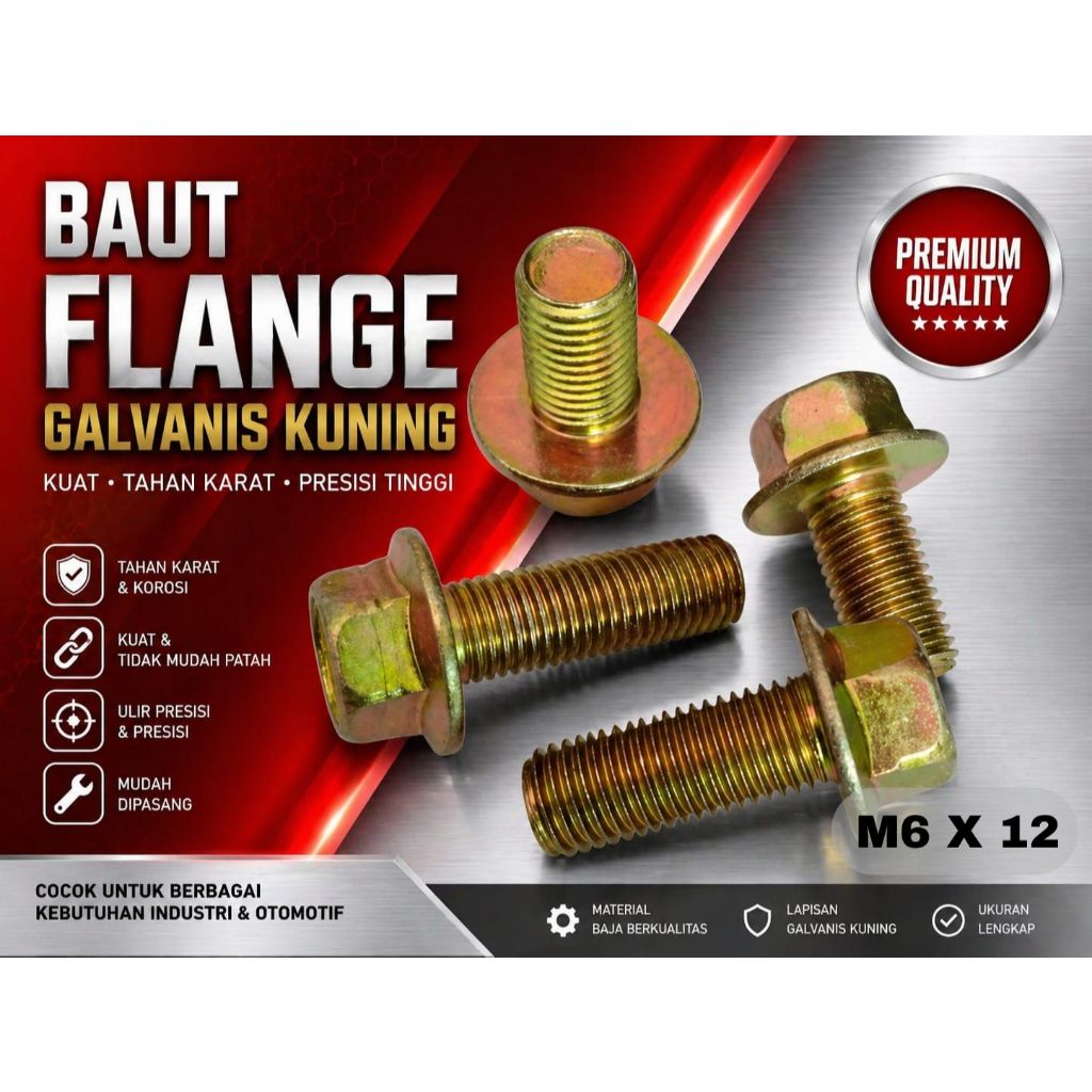 Baut Flange/ Baut Topi M6x12 Galvanis Kuning Kunci 10