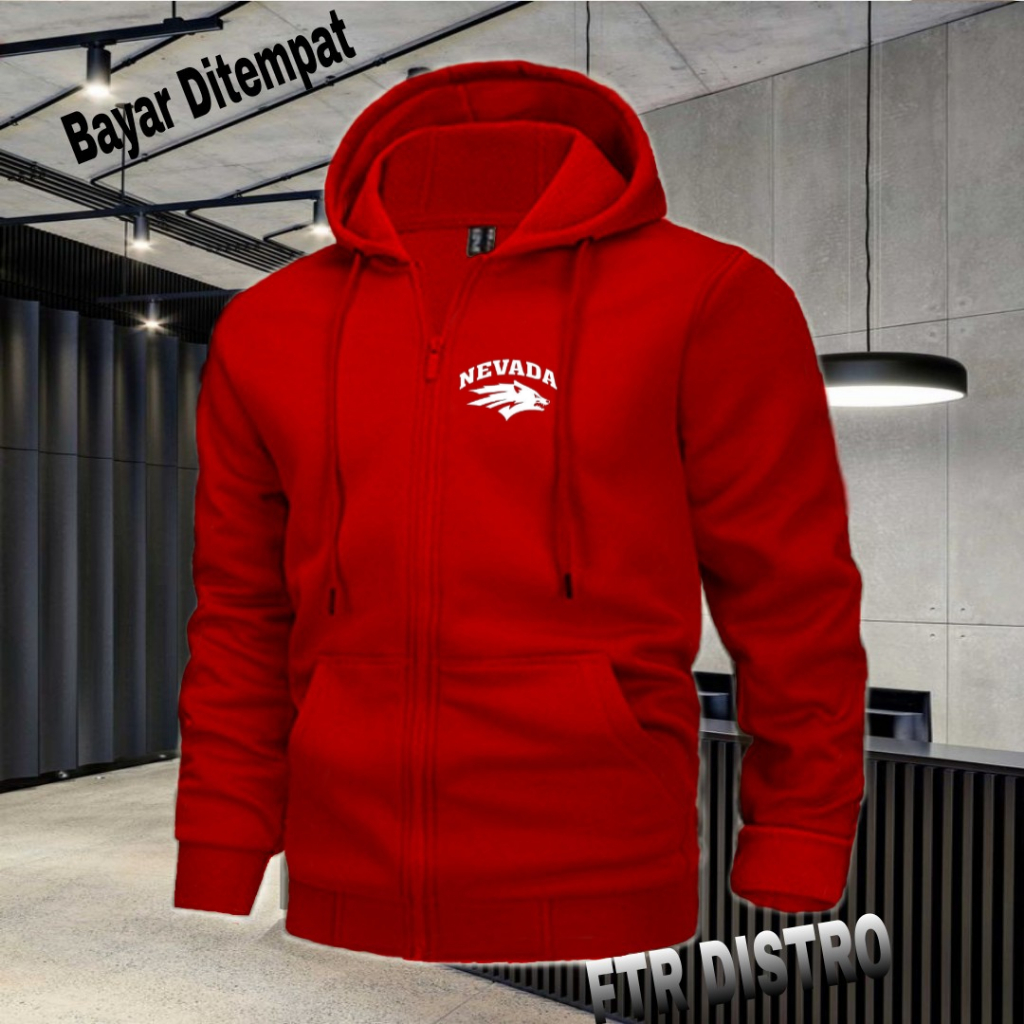 (COD) Jaket Resleting Distro Nevada Text Putih Jaket Pria Wanita Terkeren Jaket Denim Distro Katun F