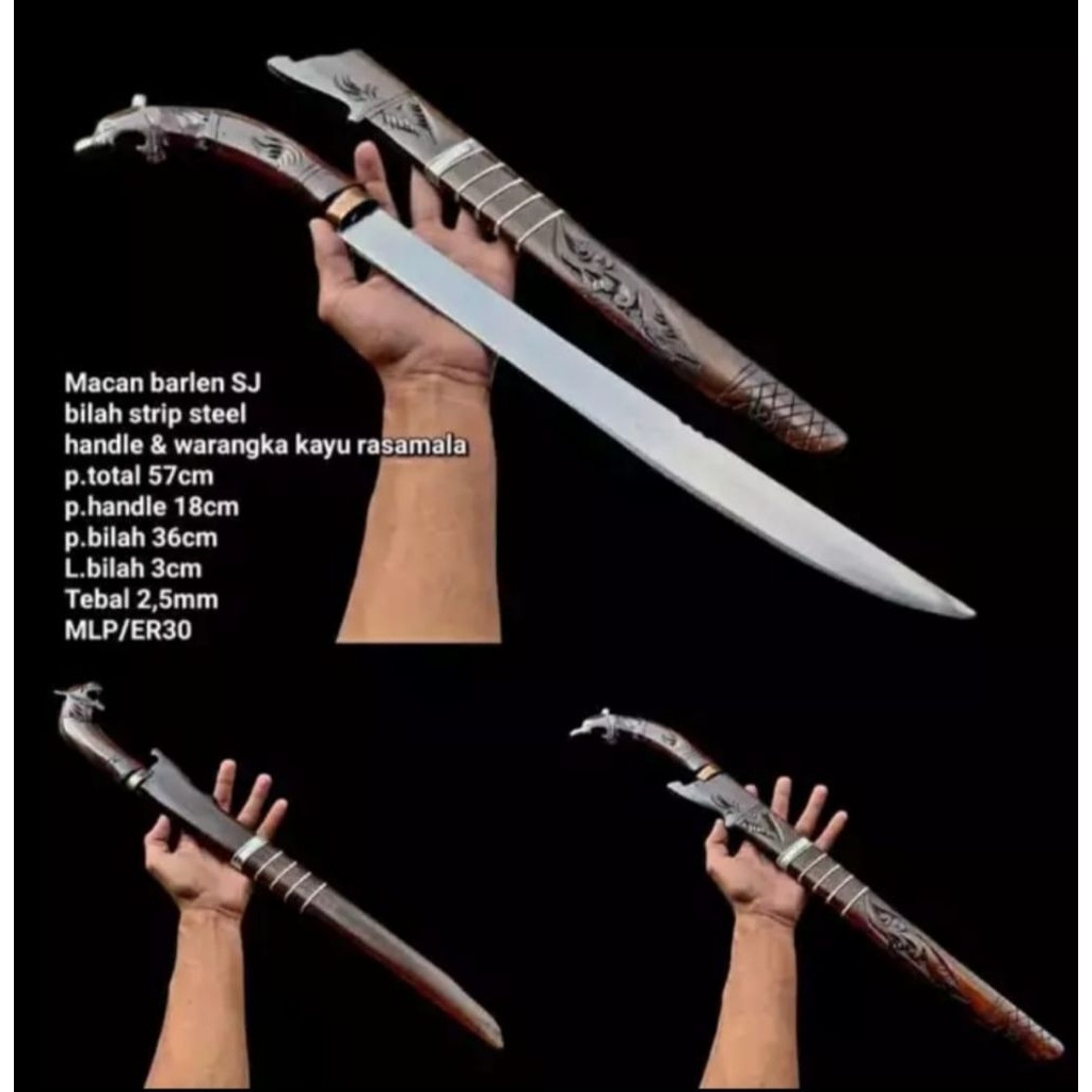golok gobang macan baja tempa dengan gagang kayu ukir dan sarung motif macan