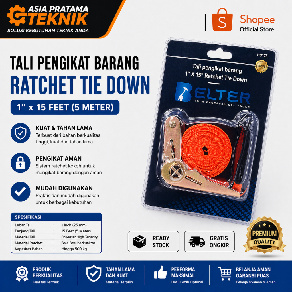 Tali Track Belt Rachet Tie Down 5 Meter Oranye Tebal 2.5cm Untuk Barang Miniatur Truk Salon Speaker