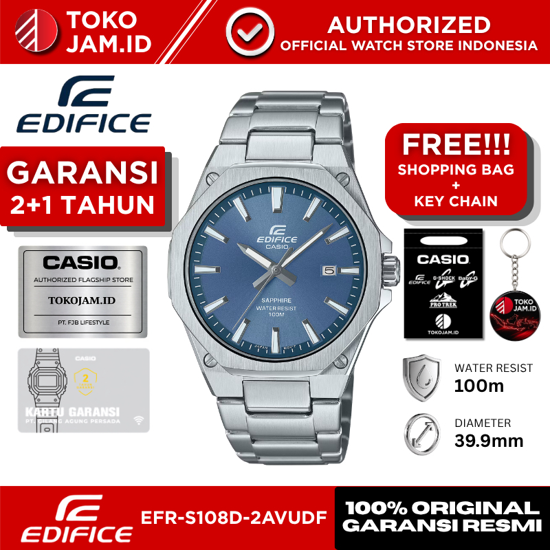 Jam Tangan Pria Casio Edifice EFR-S108D-2AVUDF Original Analog Slim Stainless Steel Blue Dial Sapphi